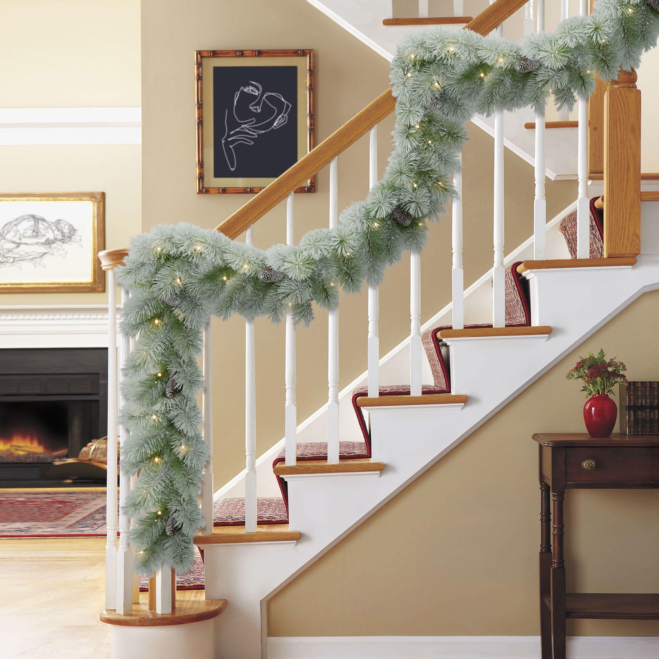 Puleo International 9 x 10" Pre-Lit Flocked Garland with Warm White LED Lights