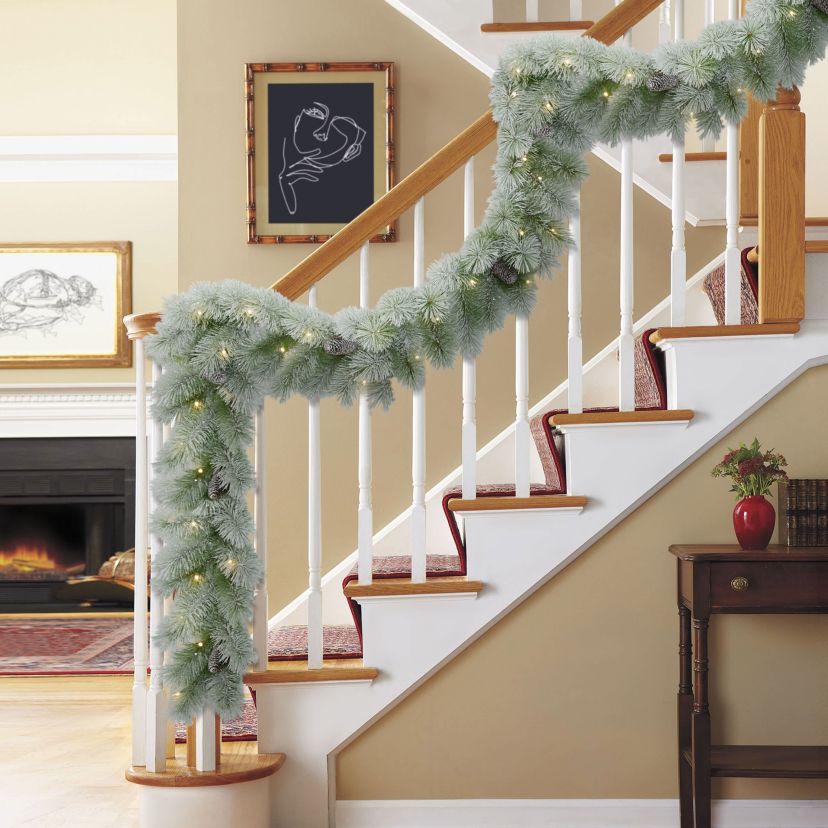 Puleo International 9 x 10" Pre-Lit Flocked Garland with Warm White LED Lights