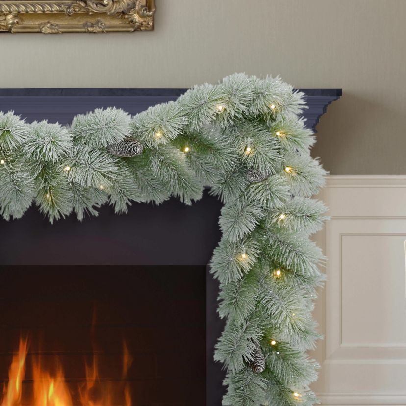 Puleo International 9 x 10" Pre-Lit Flocked Garland with Warm White LED Lights