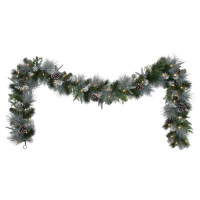 Puleo International 9' x 10" Pre-Lit Battery-Operated Flocked Garland, Green