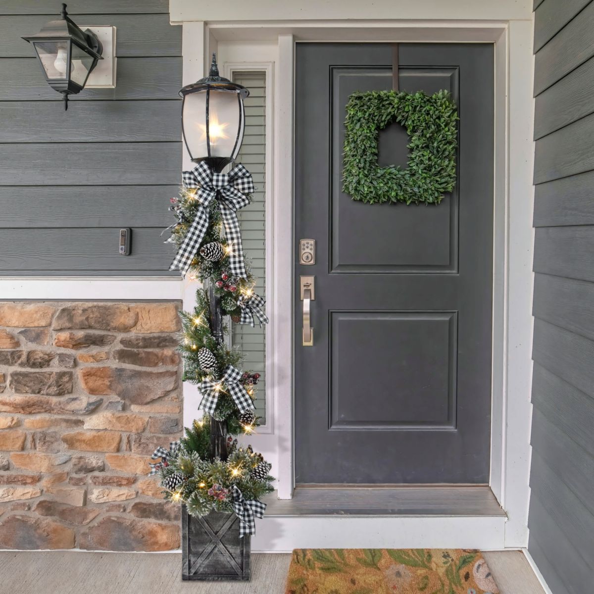 Puleo International 7 Pre-Lit Artificial Adorned Lamp Post with 200 Branch Tips and LED Lights