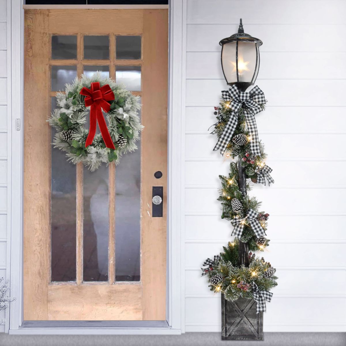 Puleo International 7 Pre-Lit Artificial Adorned Lamp Post with 200 Branch Tips and LED Lights