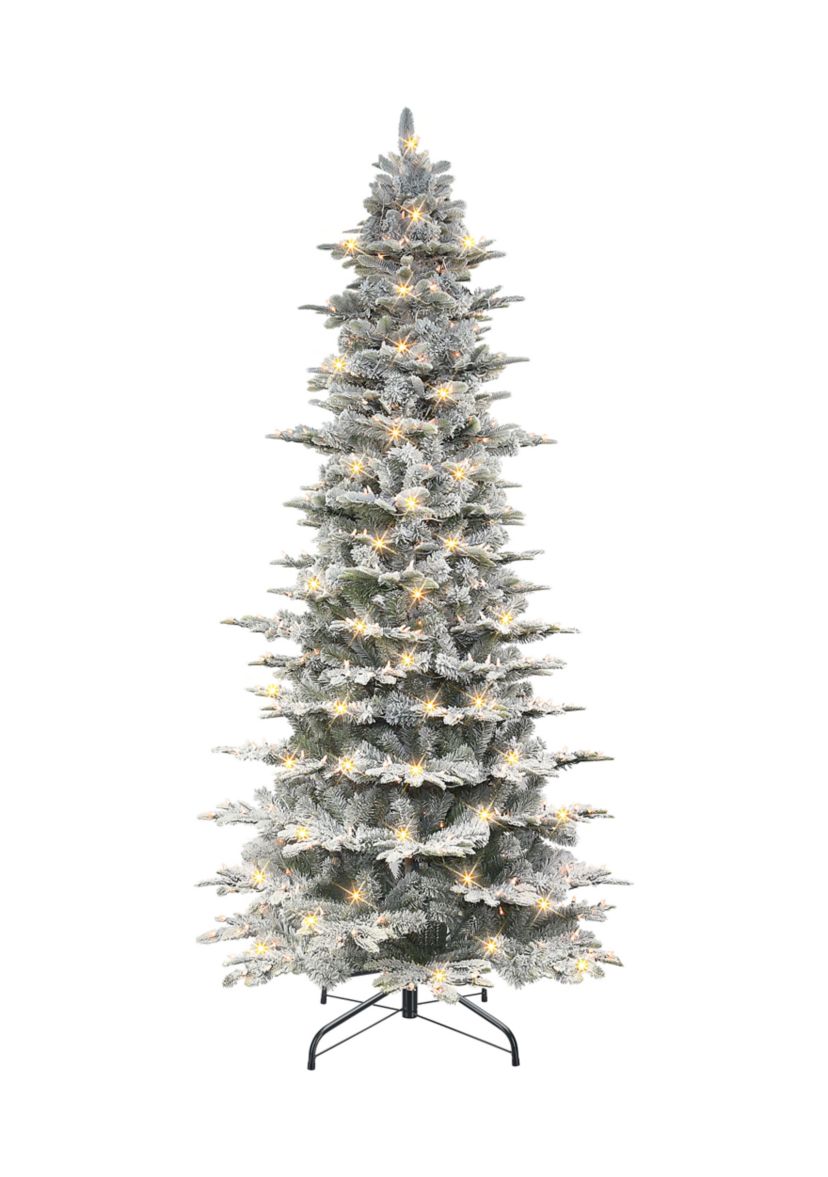 9 ft Pre-lit Slim Flocked Aspen Fir Tree 1451 Tips 700 UL Clear Lights Metal stand Green