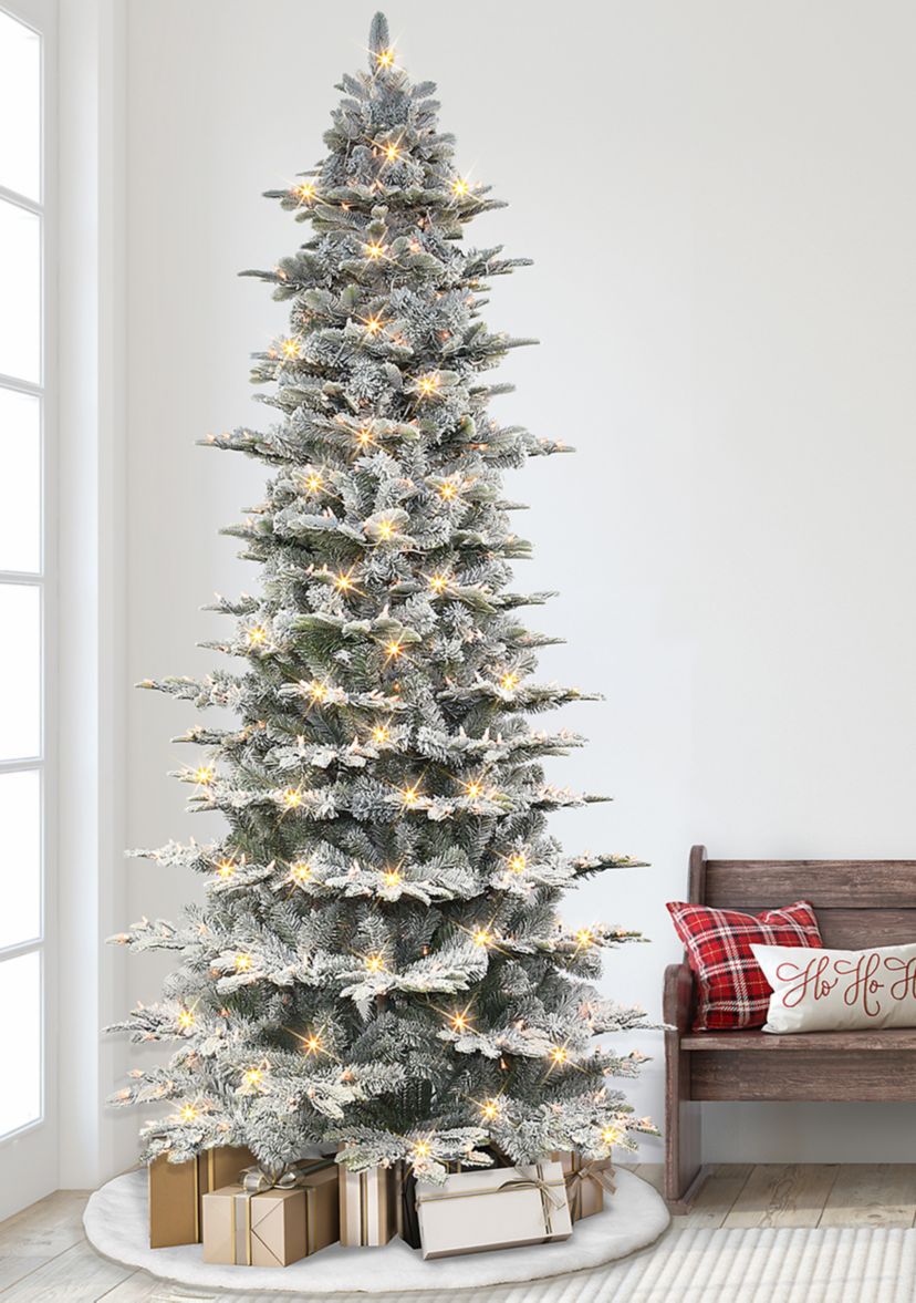 9 ft Pre-lit Slim Flocked Aspen Fir Tree 1451 Tips 700 UL Clear Lights Metal stand Green