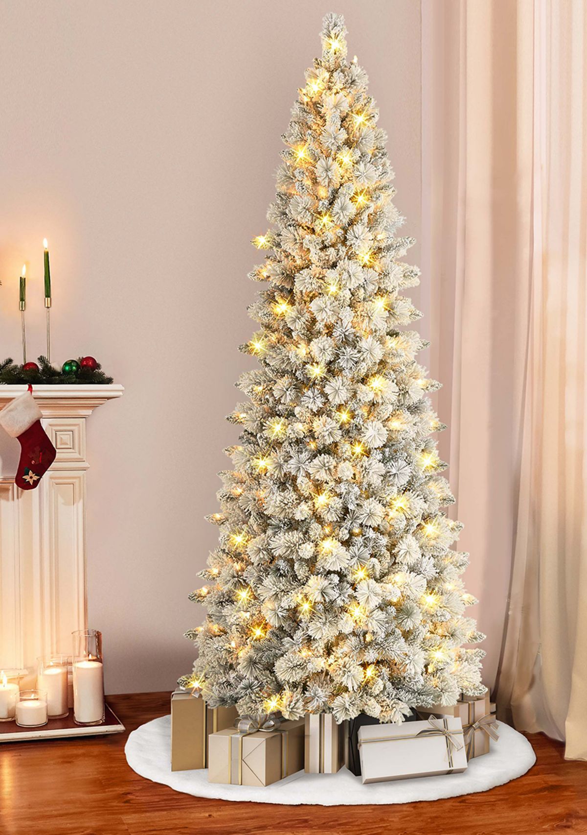 9 ft Pre-lit Flocked Alberta Spruce Tree 1382 Tips 450 Warm White LED lights UL Listed Adaptor