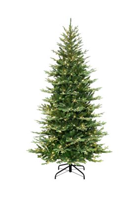 Puleo International 7.5 ft Pre-lit Slim Balsam Fir Artificial Christmas Tree with 500 UL Clear Lights Metal Stand Green, 7.5 Foot