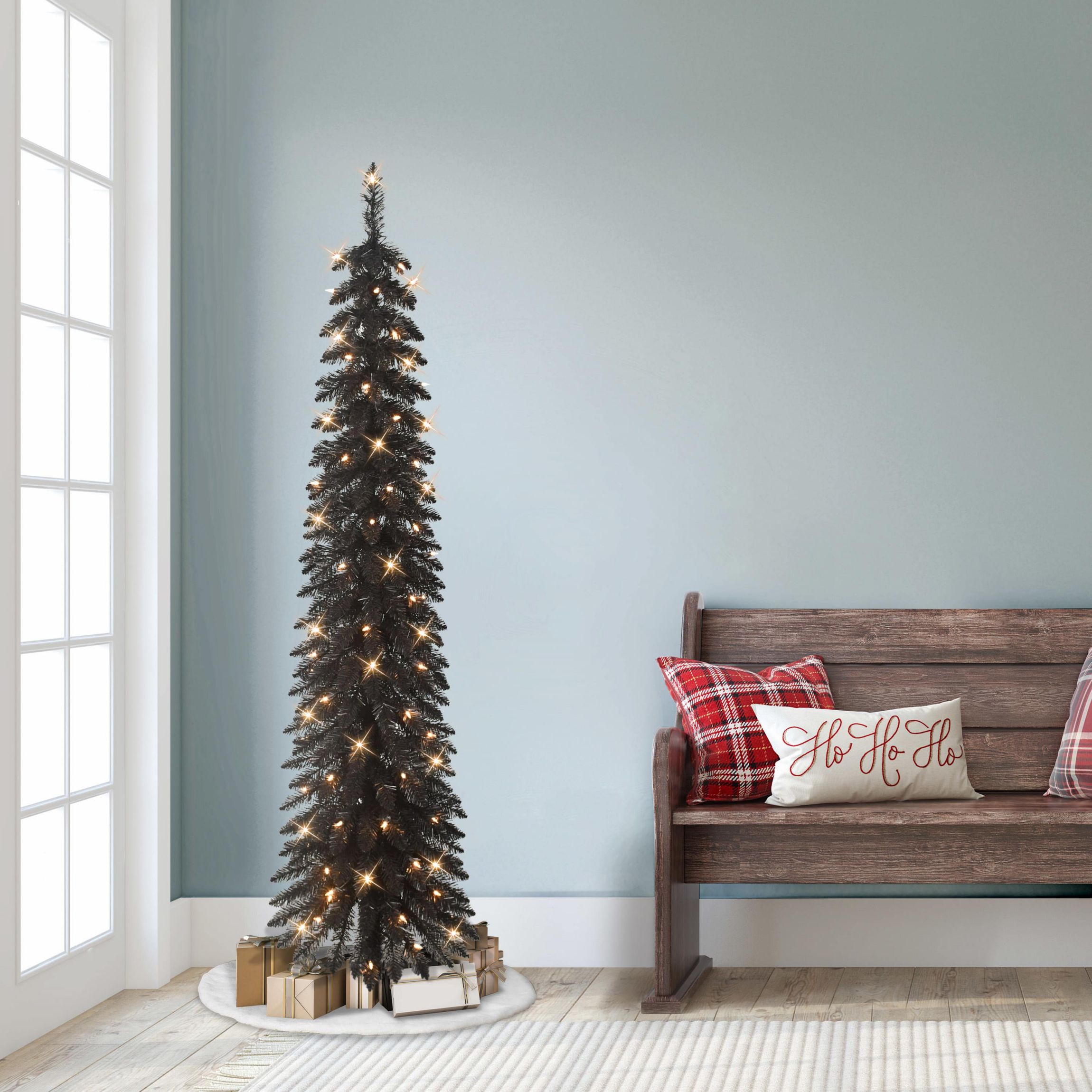 Puleo International 6 Pre-Lit Artificial Black Alpine Pencil Tree