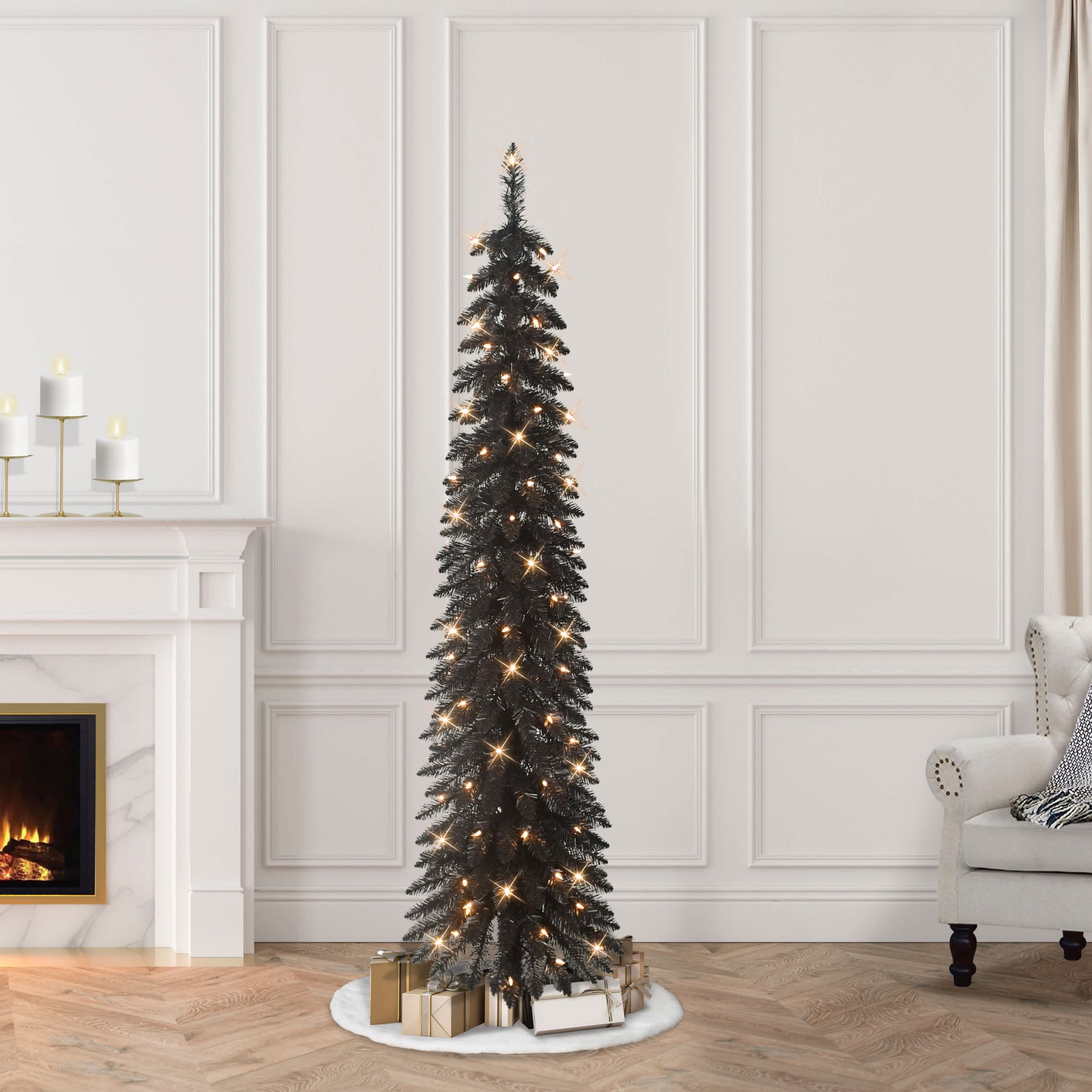 Puleo International 6 Pre-Lit Artificial Black Alpine Pencil Tree
