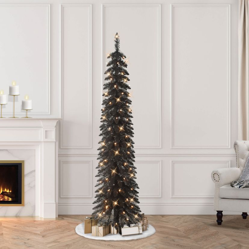 Puleo International 6 Pre-Lit Artificial Black Alpine Pencil Tree