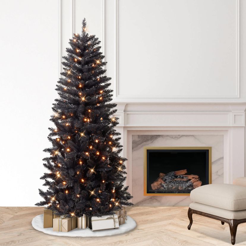 Puleo International 7 Pre-Lit Black Artificial Carson Pine Tree