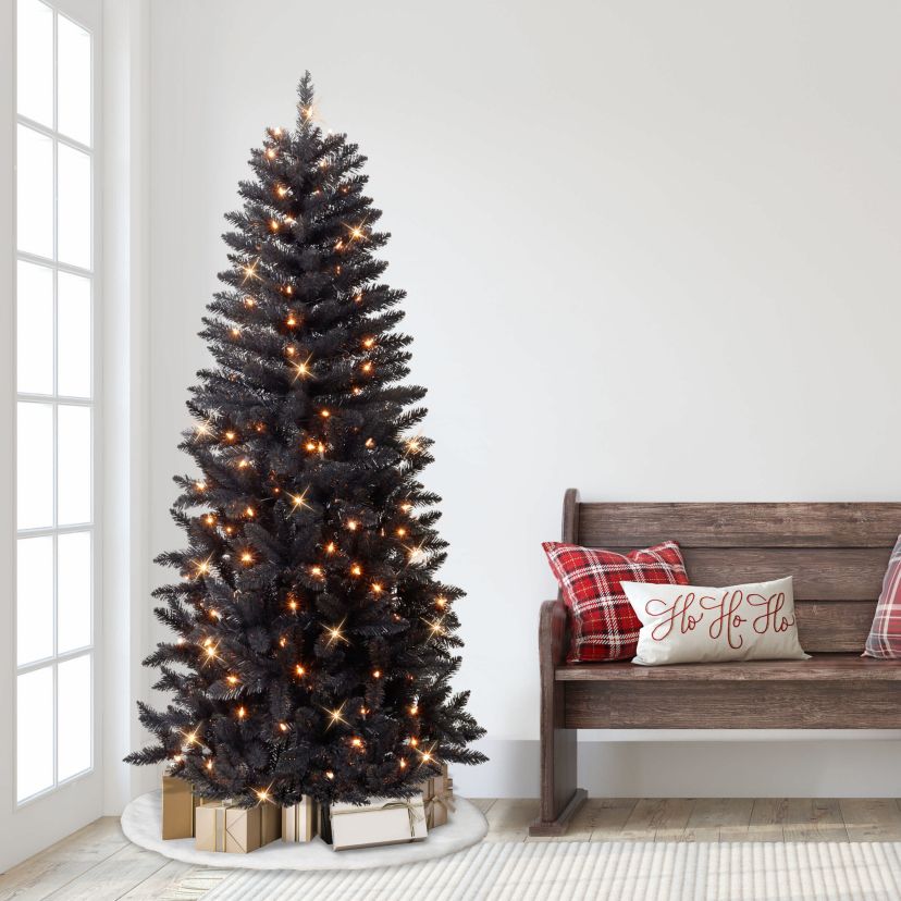 Puleo International 7 Pre-Lit Black Artificial Carson Pine Tree