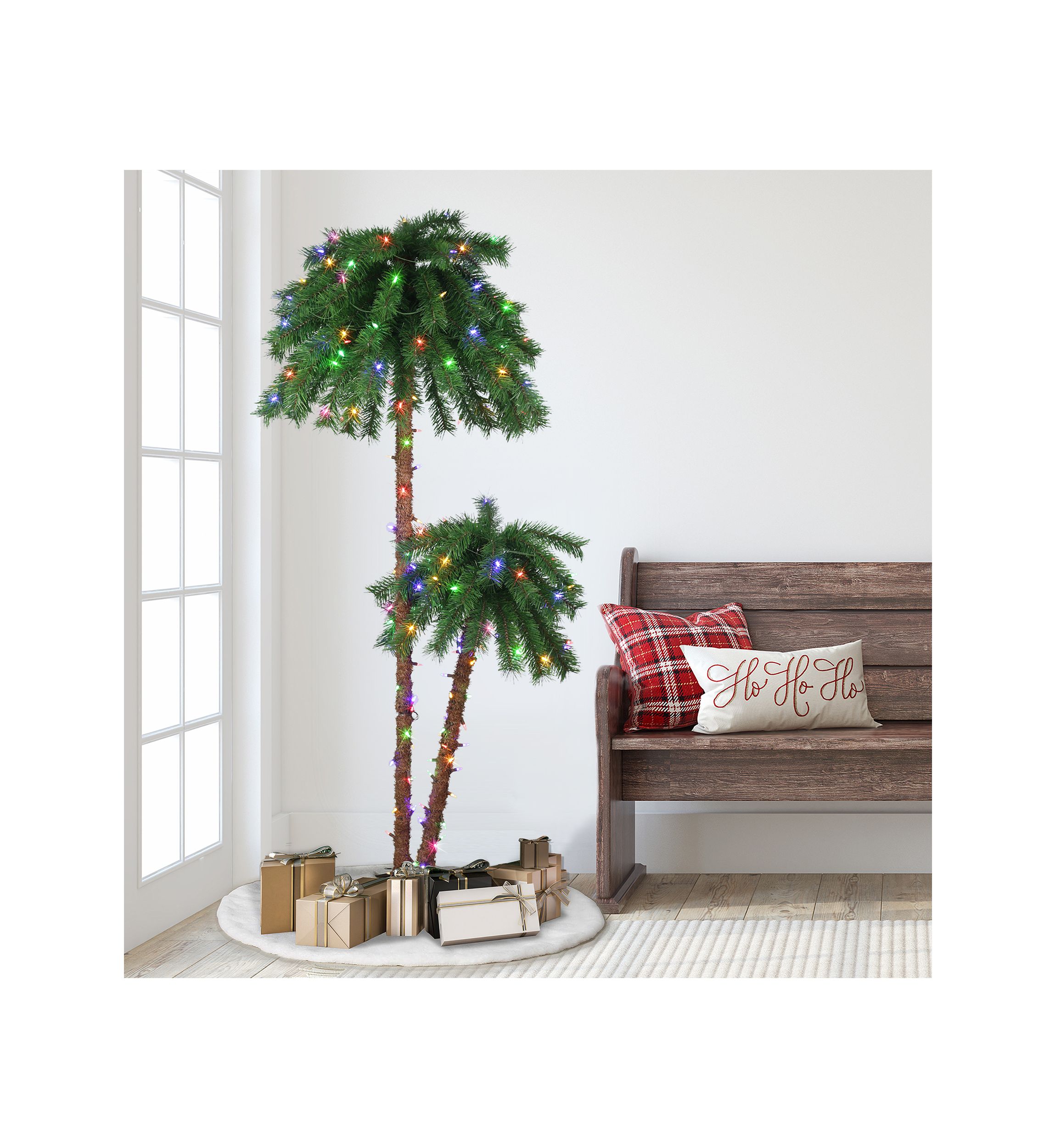 3.5-foot & 6ft Pre-Lit Artificial Double Trunk Palm Tree 105 Tips 175 Dual-Color LED Lights