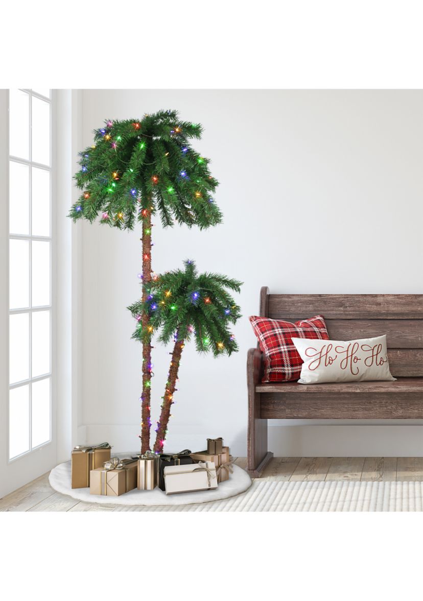 3.5-foot & 6ft Pre-Lit Artificial Double Trunk Palm Tree 105 Tips 175 Dual-Color LED Lights