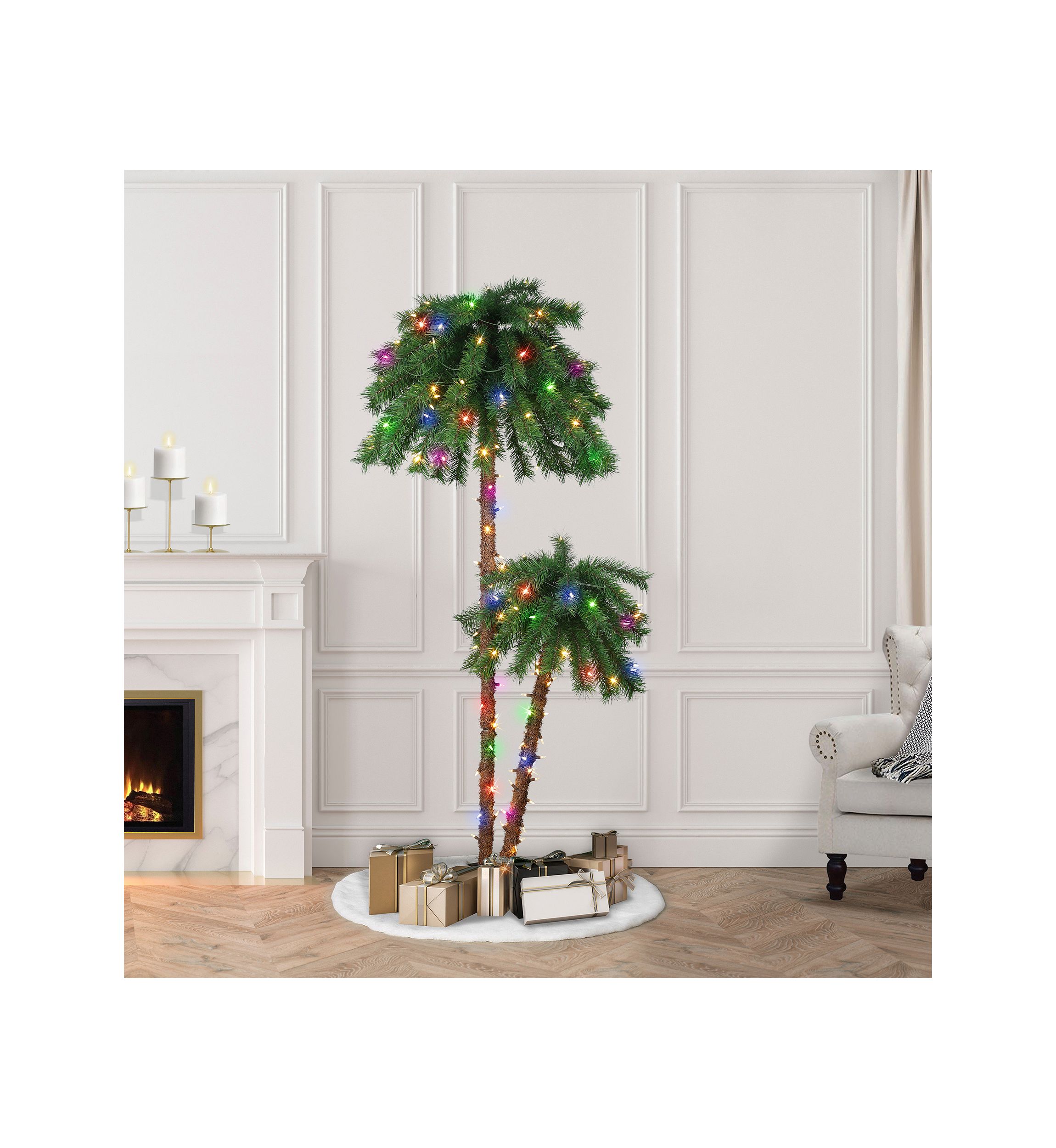 3.5-foot & 6-foot Pre-Lit Double Trunk Artificial Palm Tree 105 Tips 175 Multi-Color Lights