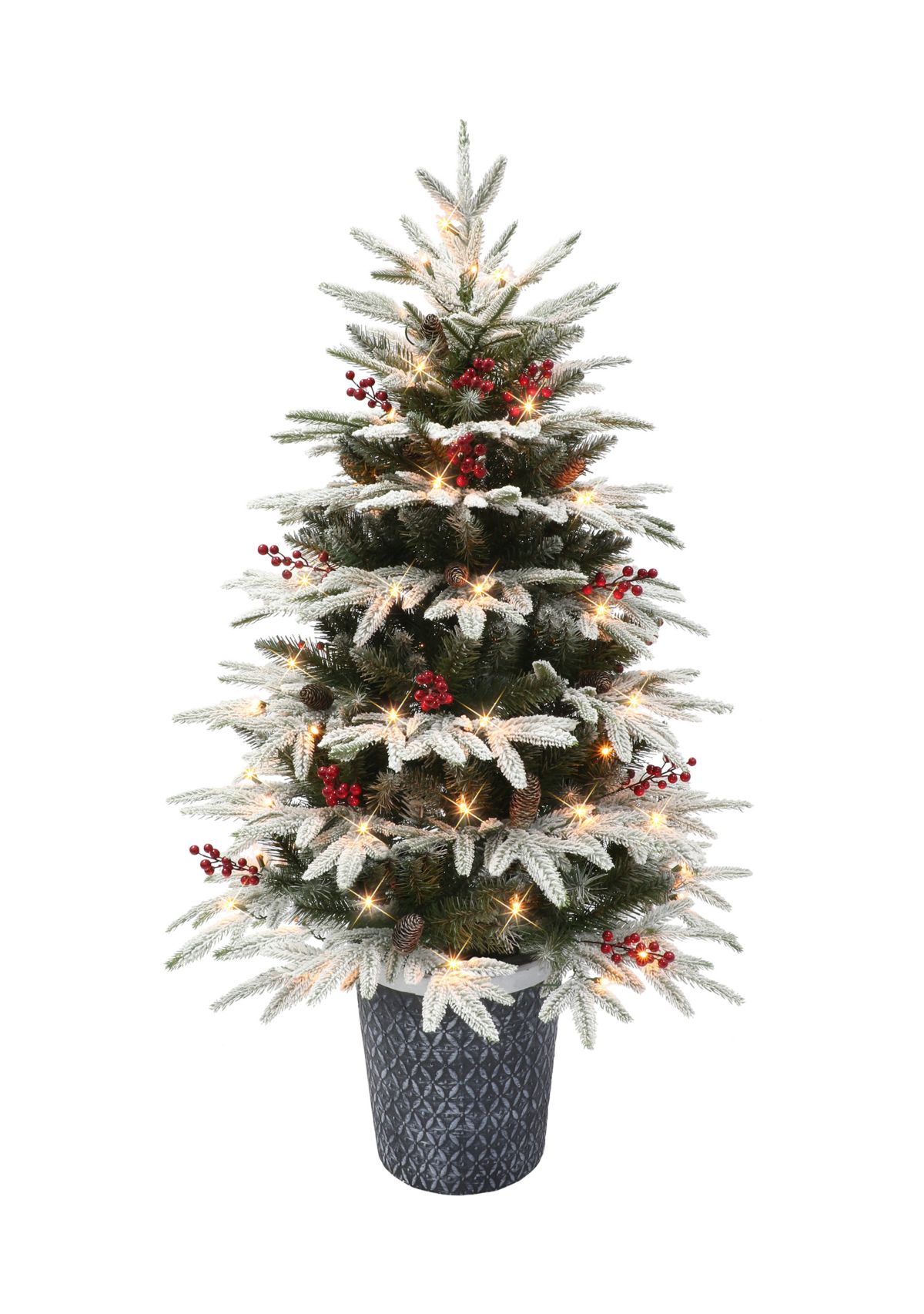 4.5 ft Pre-lit Potted Flocked Halifax Fir Artificial Christmas Tree with 70 UL Clear Lights Pinecones & Red Berries Green