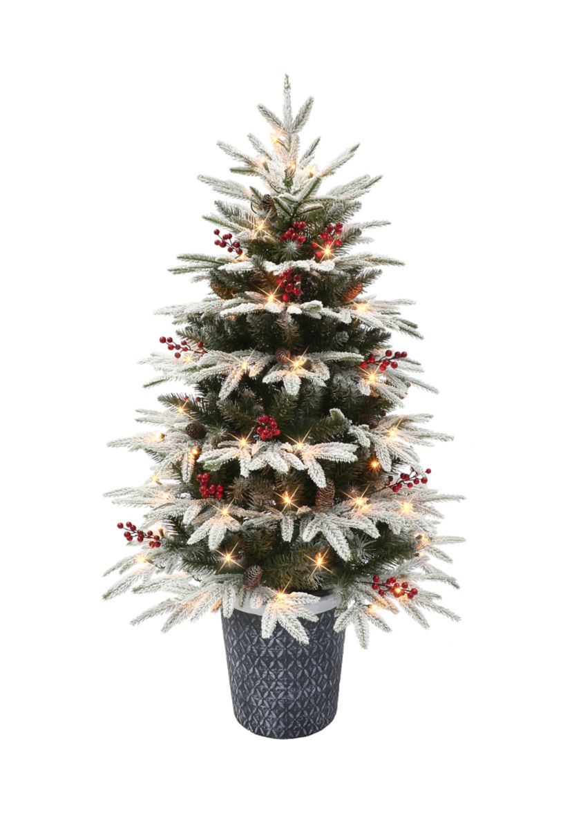 4.5 ft Pre-lit Potted Flocked Halifax Fir Artificial Christmas Tree with 70 UL Clear Lights Pinecones & Red Berries Green