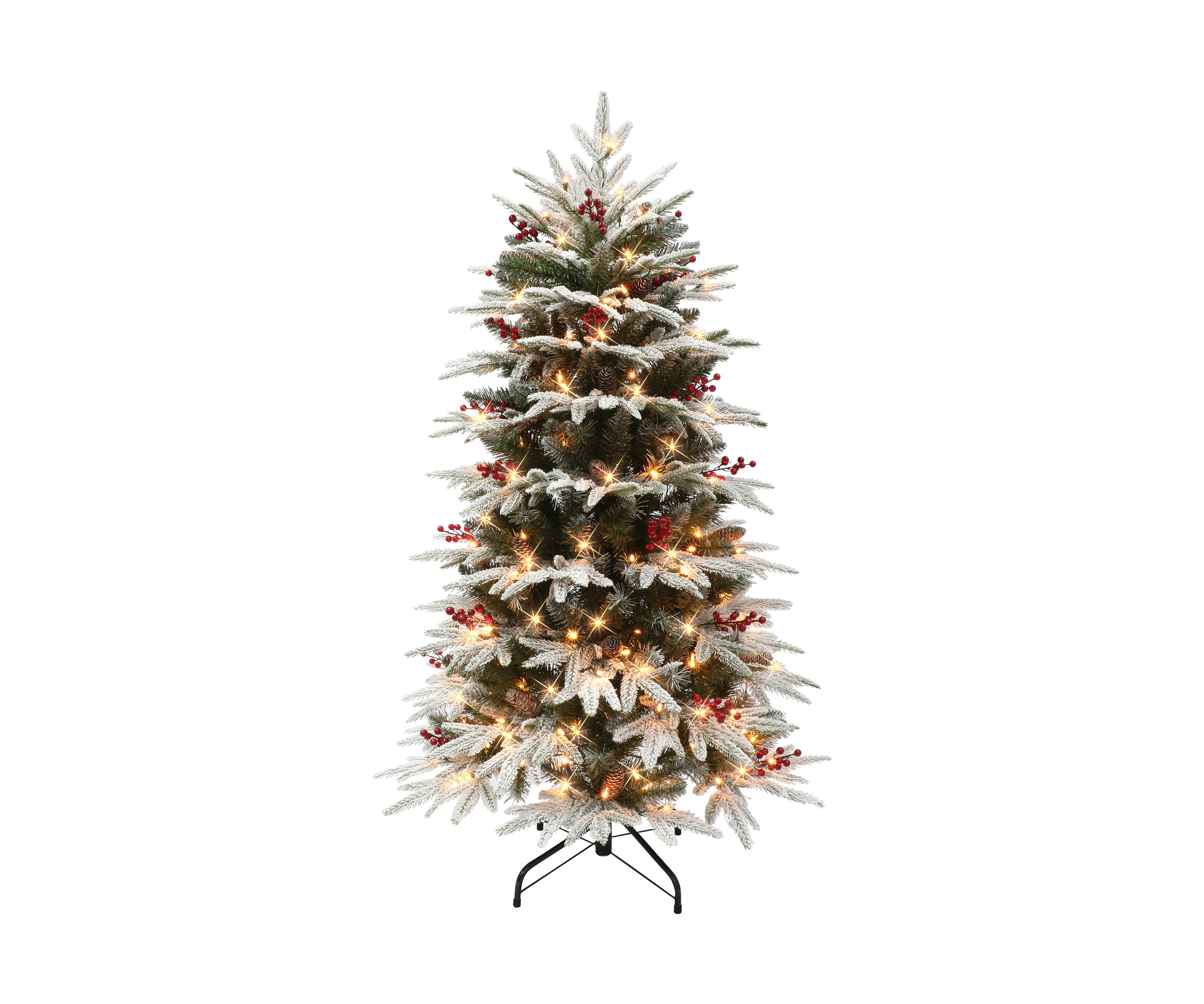 4.5 ft Pre-lit Slim Flocked Halifax Fir Artificial Christmas Tree 200 UL Clear Lights Pinecones & Red Berries Metal Stand Green