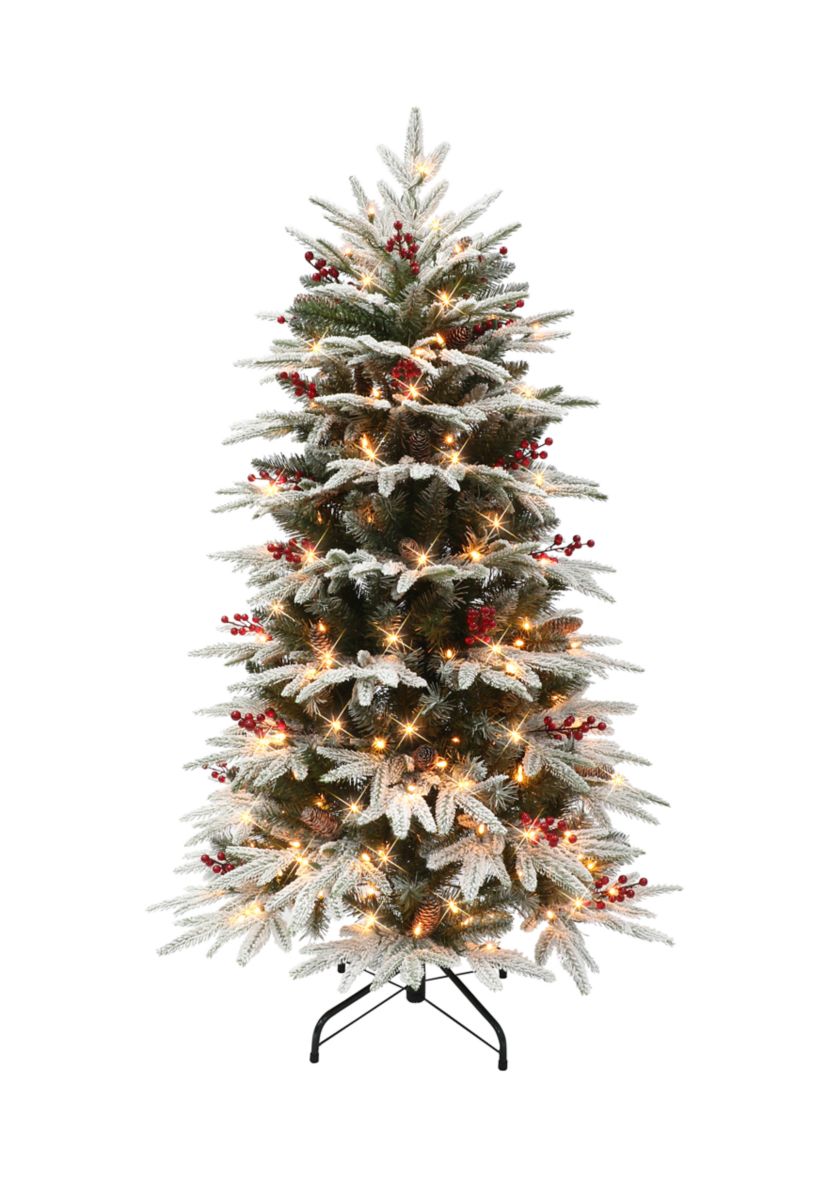 4.5 ft Pre-lit Slim Flocked Halifax Fir Artificial Christmas Tree 200 UL Clear Lights Pinecones & Red Berries Metal Stand Green