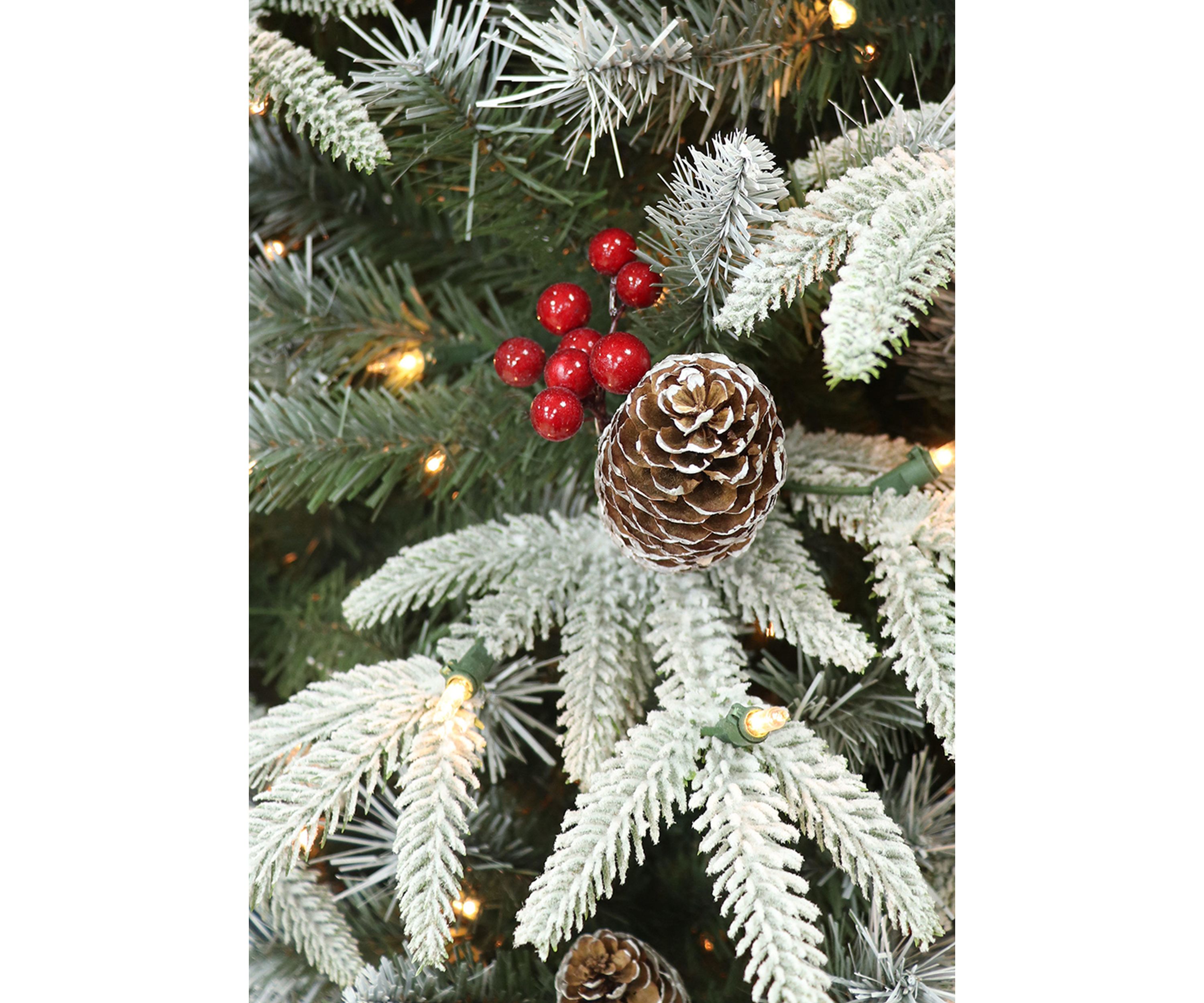 4.5 ft Pre-lit Slim Flocked Halifax Fir Artificial Christmas Tree 200 UL Clear Lights Pinecones & Red Berries Metal Stand Green