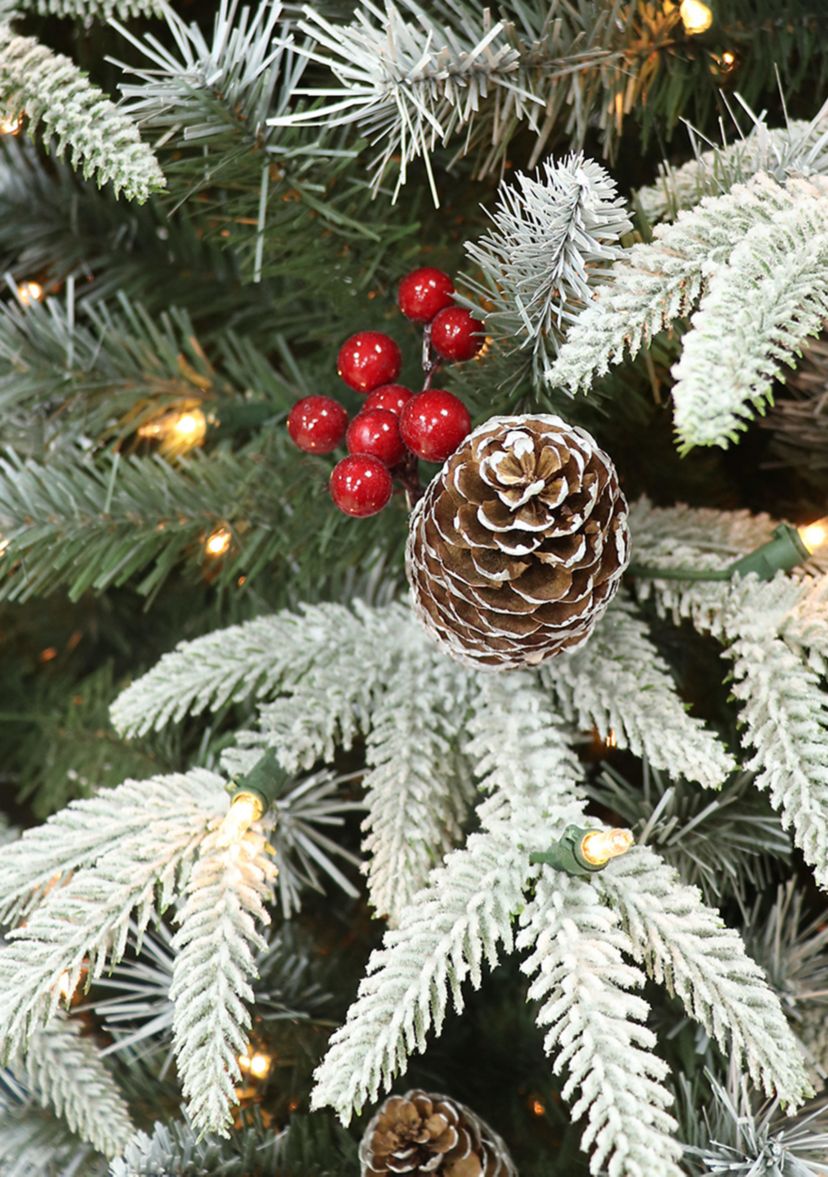 4.5 ft Pre-lit Slim Flocked Halifax Fir Artificial Christmas Tree 200 UL Clear Lights Pinecones & Red Berries Metal Stand Green