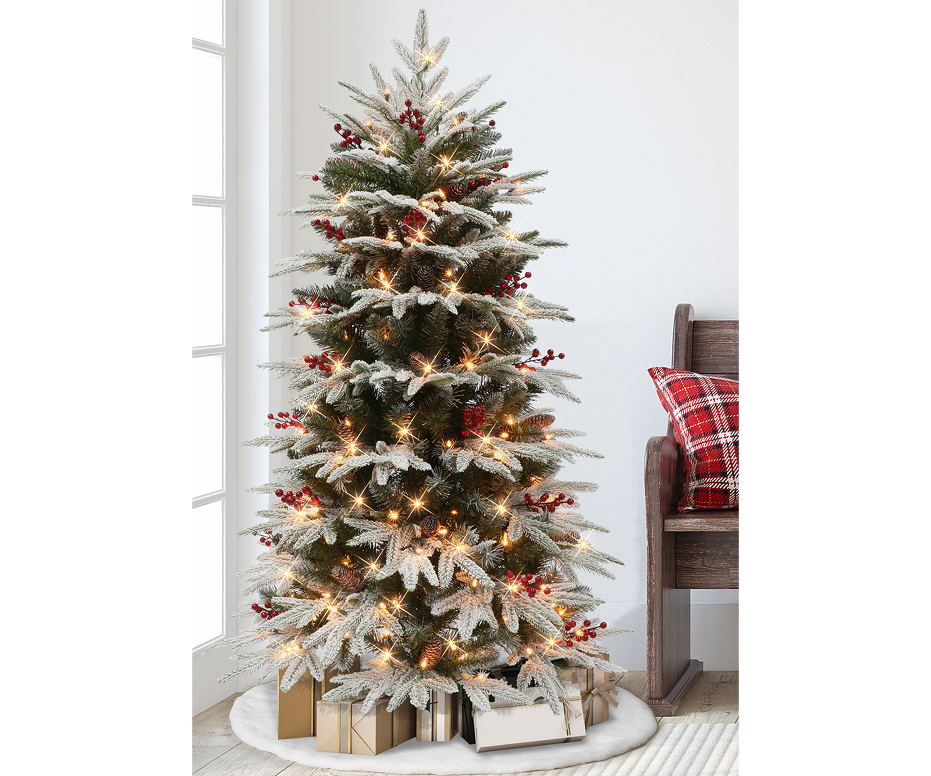 4.5 ft Pre-lit Slim Flocked Halifax Fir Artificial Christmas Tree 200 UL Clear Lights Pinecones & Red Berries Metal Stand Green
