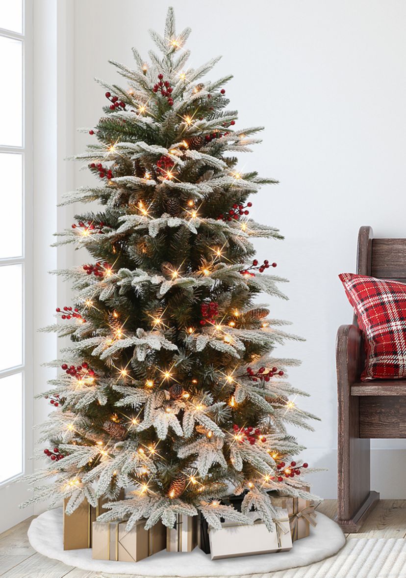4.5 ft Pre-lit Slim Flocked Halifax Fir Artificial Christmas Tree 200 UL Clear Lights Pinecones & Red Berries Metal Stand Green