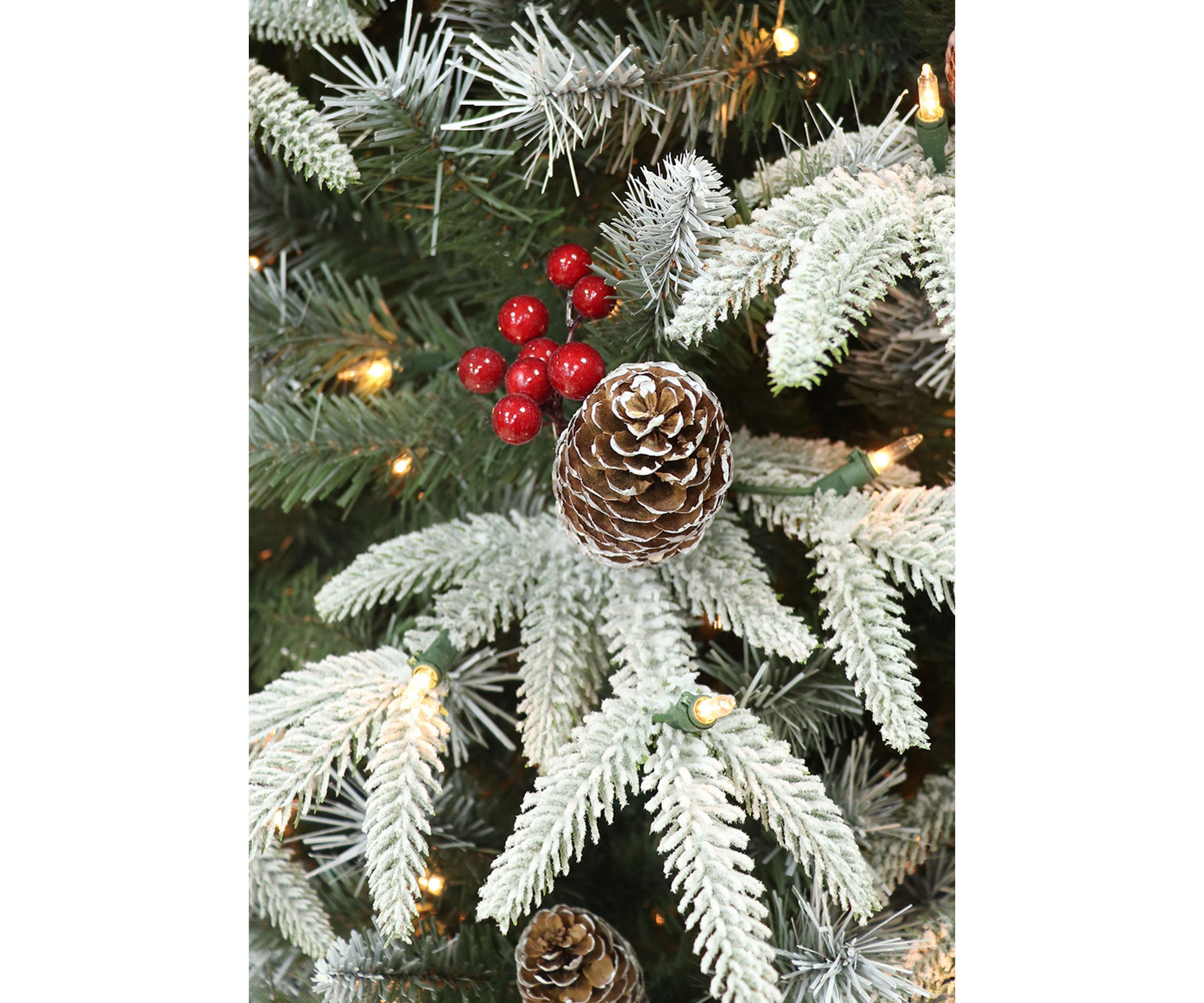 6.5 ft Pre-lit Slim Flocked Halifax Fir Artificial Christmas Tree with 350 UL Clear Lights Pinecones & Red Berries Metal Stand Green
