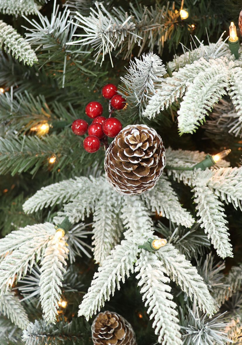 6.5 ft Pre-lit Slim Flocked Halifax Fir Artificial Christmas Tree with 350 UL Clear Lights Pinecones & Red Berries Metal Stand Green