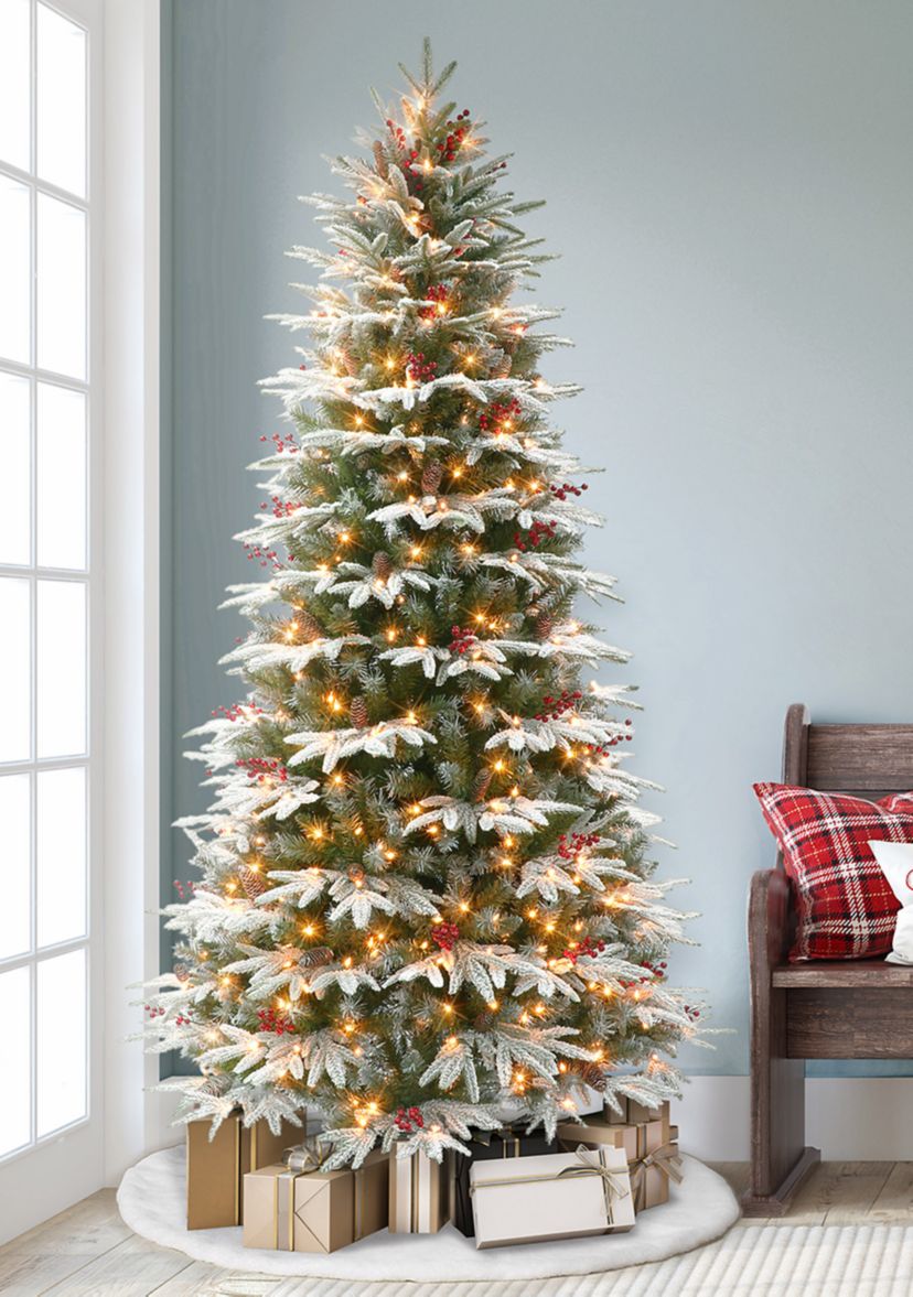 6.5 ft Pre-lit Slim Flocked Halifax Fir Artificial Christmas Tree with 350 UL Clear Lights Pinecones & Red Berries Metal Stand Green