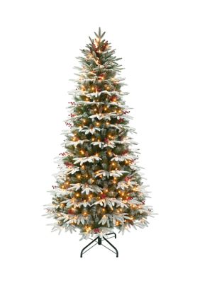 Puleo International 9 ft Pre-lit Slim Flocked Halifax Fir Artificial Christmas Tree with 700 UL Clear Lights, Green