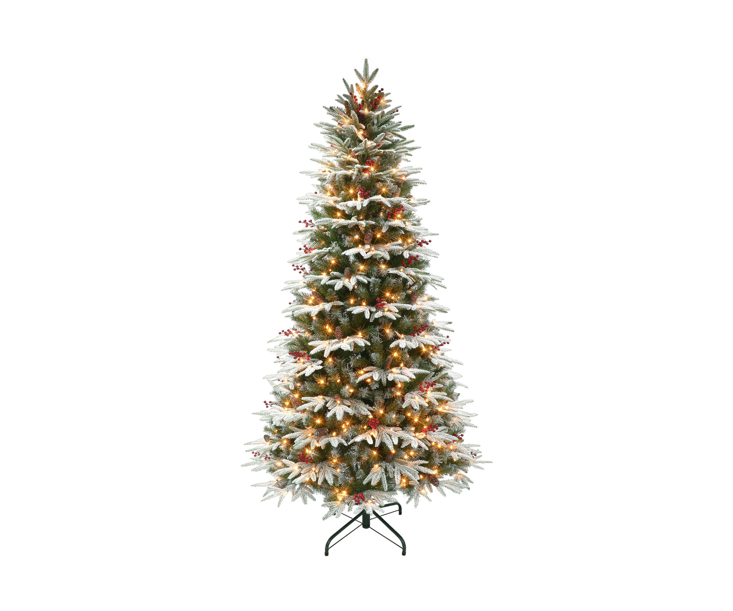9 ft Pre-lit Slim Flocked Halifax Fir Artificial Christmas Tree with 700 UL Clear Lights On/Off Foot Pedal Pinecones & Red Berries Metal Stand Green