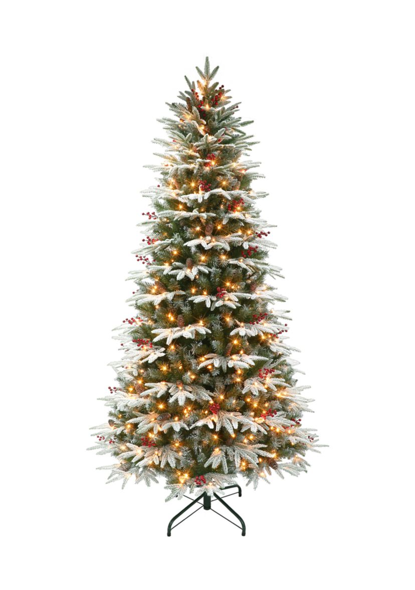 9 ft Pre-lit Slim Flocked Halifax Fir Artificial Christmas Tree with 700 UL Clear Lights On/Off Foot Pedal Pinecones & Red Berries Metal Stand Green