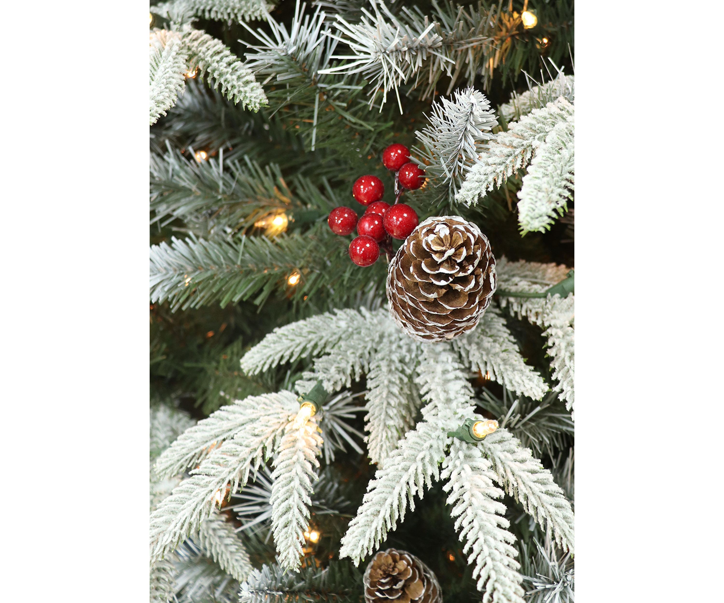 9 ft Pre-lit Slim Flocked Halifax Fir Artificial Christmas Tree with 700 UL Clear Lights On/Off Foot Pedal Pinecones & Red Berries Metal Stand Green