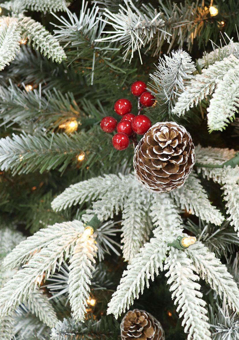 9 ft Pre-lit Slim Flocked Halifax Fir Artificial Christmas Tree with 700 UL Clear Lights On/Off Foot Pedal Pinecones & Red Berries Metal Stand Green