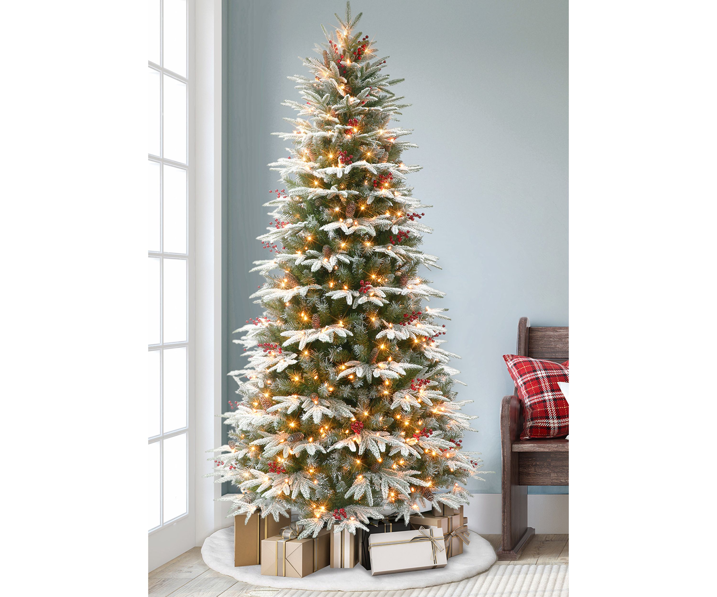 9 ft Pre-lit Slim Flocked Halifax Fir Artificial Christmas Tree with 700 UL Clear Lights On/Off Foot Pedal Pinecones & Red Berries Metal Stand Green