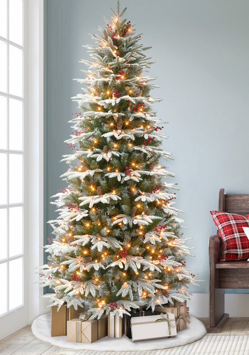 9 ft Pre-lit Slim Flocked Halifax Fir Artificial Christmas Tree with 700 UL Clear Lights On/Off Foot Pedal Pinecones & Red Berries Metal Stand Green