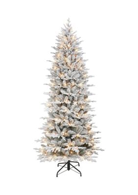Puleo International 7.5 ft Pre-lit Slim Flocked Northern Fir Artificial Christmas Tree 400 UL Clear Lights Metal Stand Green