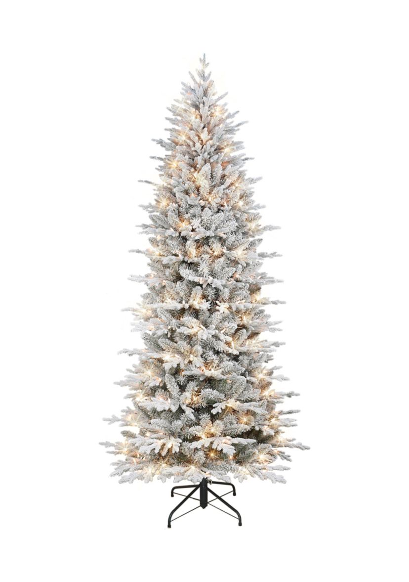 7.5 ft Pre-lit Slim Flocked Northern Fir Artificial Christmas Tree 400 UL Clear Lights Metal Stand Green
