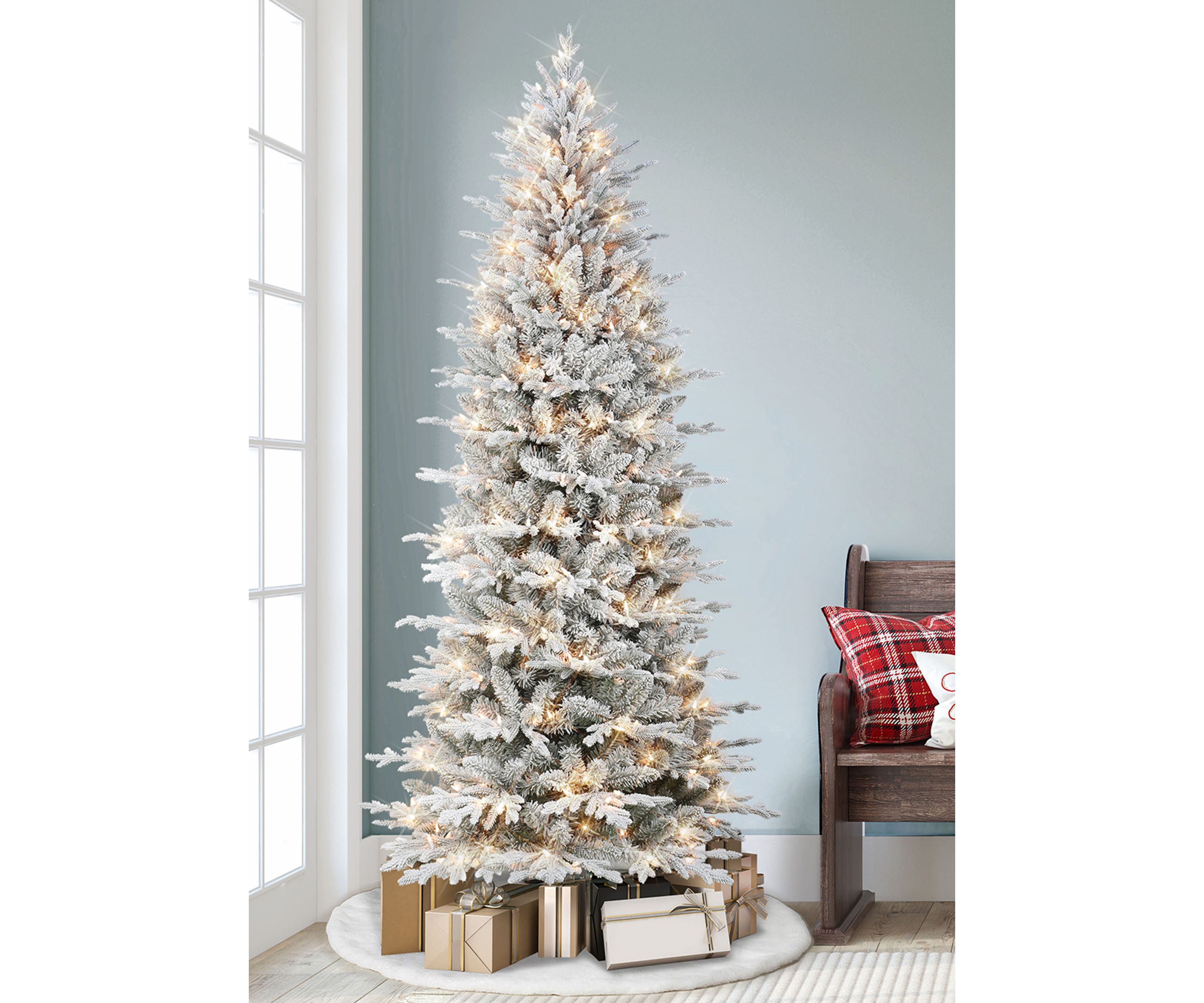 7.5 ft Pre-lit Slim Flocked Northern Fir Artificial Christmas Tree 400 UL Clear Lights Metal Stand Green