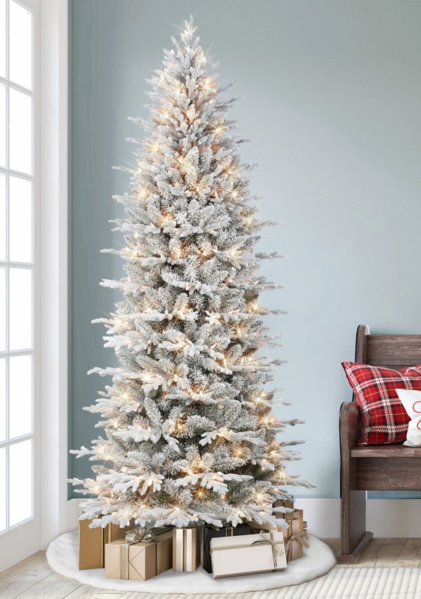 7.5 ft Pre-lit Slim Flocked Northern Fir Artificial Christmas Tree 400 UL Clear Lights Metal Stand Green