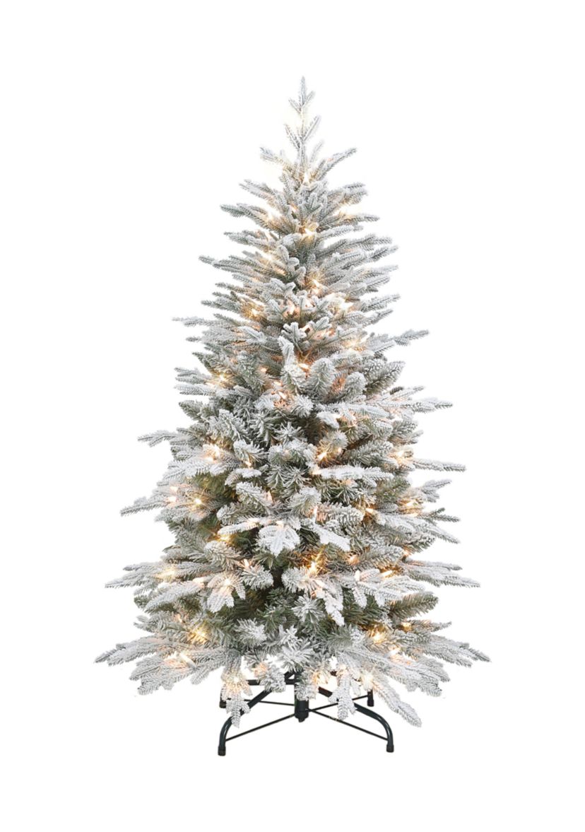4.5 ft Pre-lit Flocked Slim Northern Fir Tree with 200 UL Clear Lights Metal Stand Green