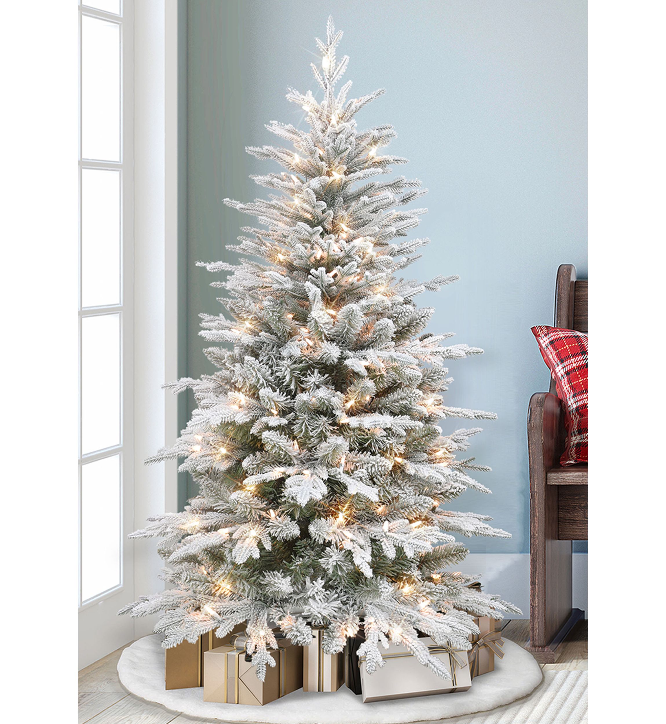 4.5 ft Pre-lit Flocked Slim Northern Fir Tree with 200 UL Clear Lights Metal Stand Green
