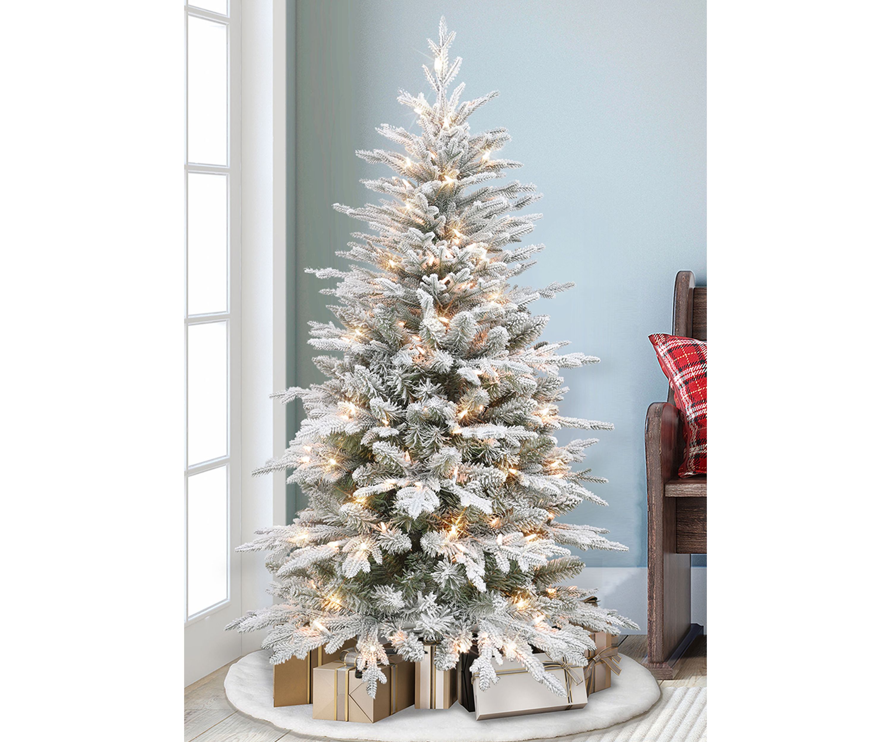 4.5 ft Pre-lit Flocked Slim Northern Fir Tree with 200 UL Clear Lights Metal Stand Green