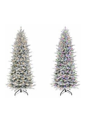 Puleo International 7.5 ft Pre-lit Slim Flocked Northern Fir Artificial Christmas Tree 400 Dual Color LED Lights