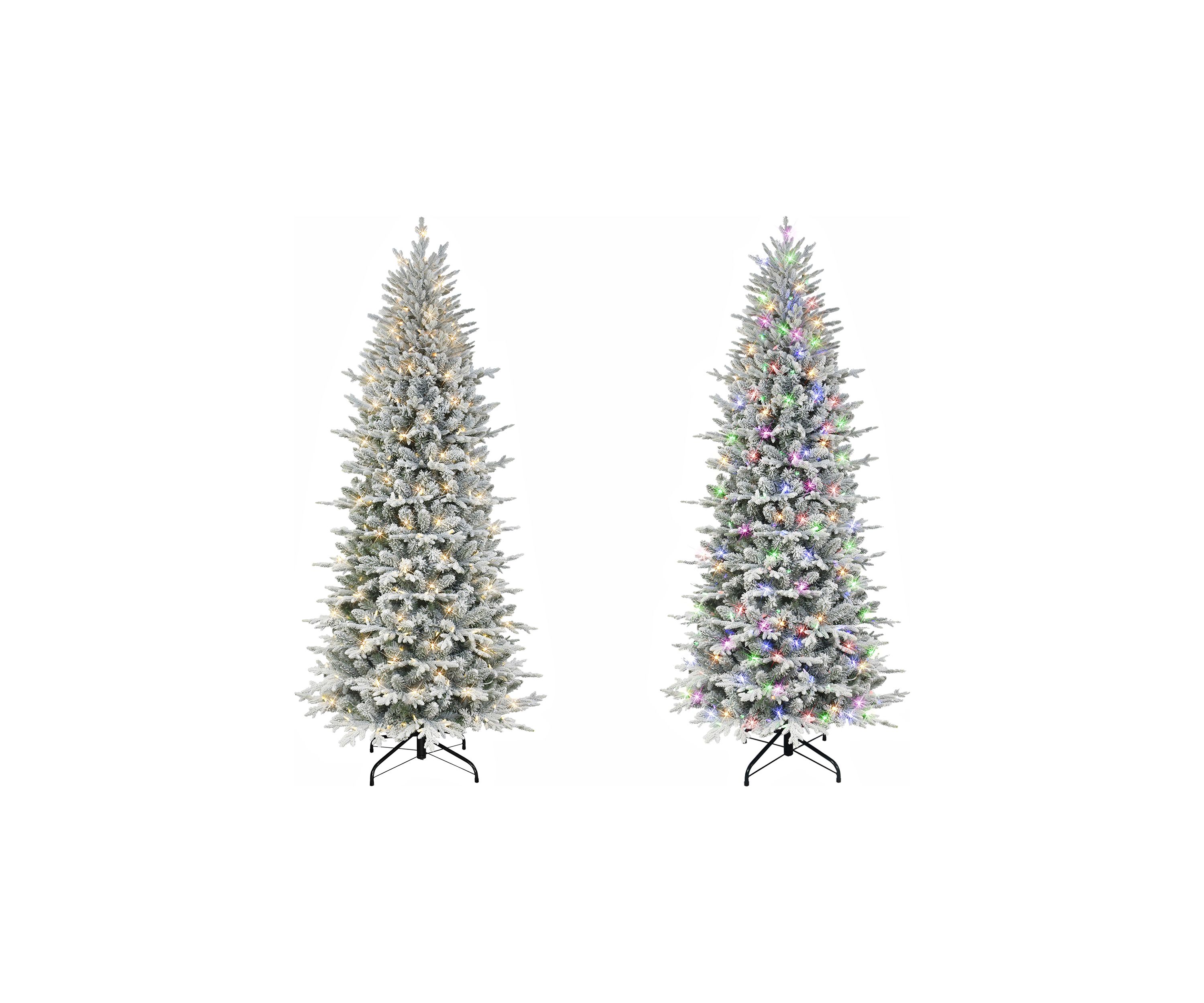 7.5 ft Pre-lit Slim Flocked Northern Fir Artificial Christmas Tree 400 Dual Color LED Lights with Choice of Clear or Multi-Color Metal Stand Green