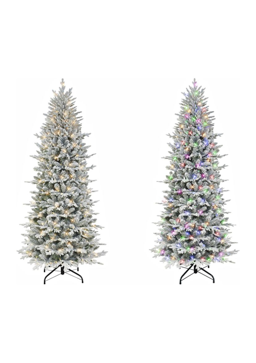 7.5 ft Pre-lit Slim Flocked Northern Fir Artificial Christmas Tree 400 Dual Color LED Lights with Choice of Clear or Multi-Color Metal Stand Green