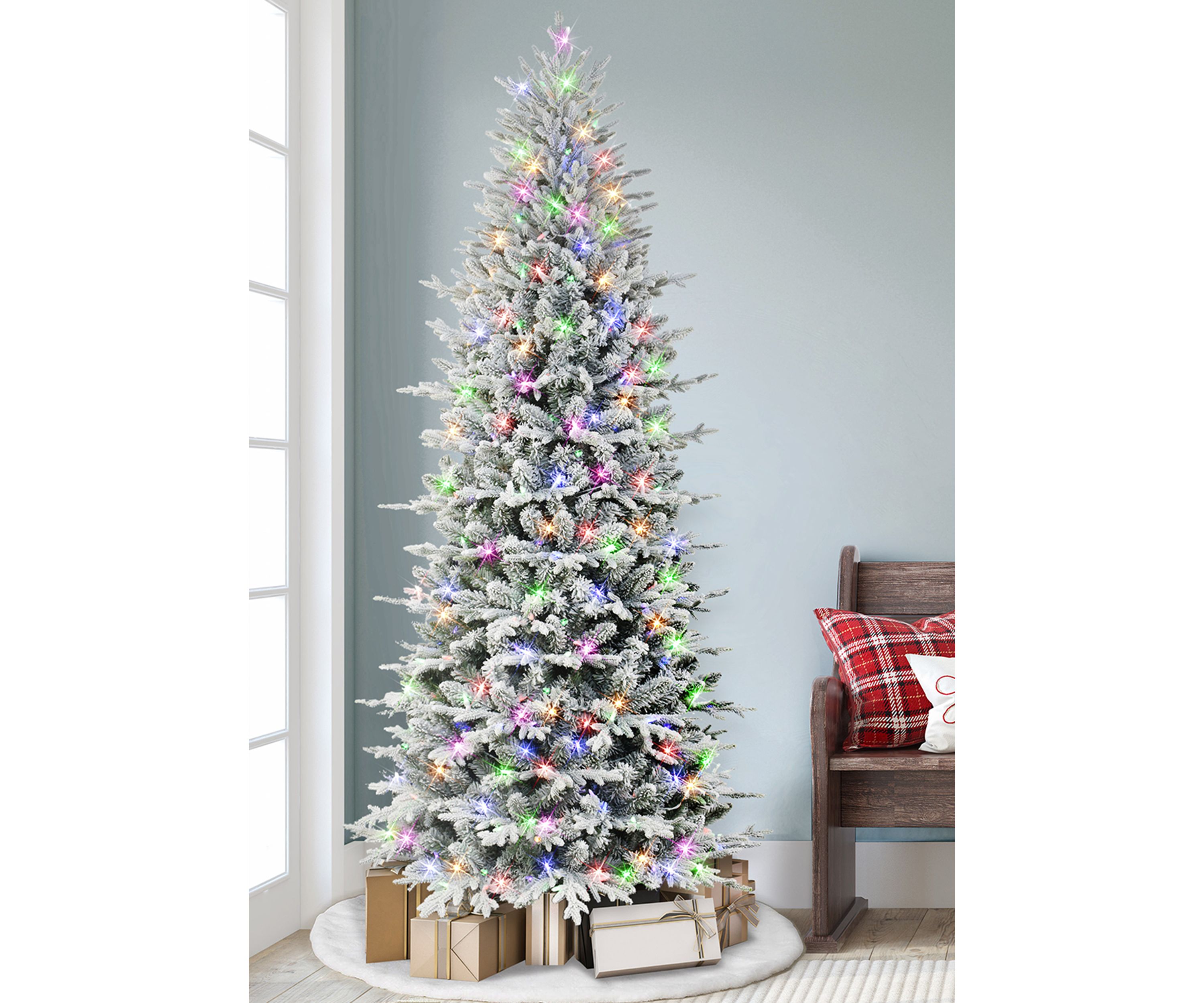7.5 ft Pre-lit Slim Flocked Northern Fir Artificial Christmas Tree 400 Dual Color LED Lights with Choice of Clear or Multi-Color Metal Stand Green