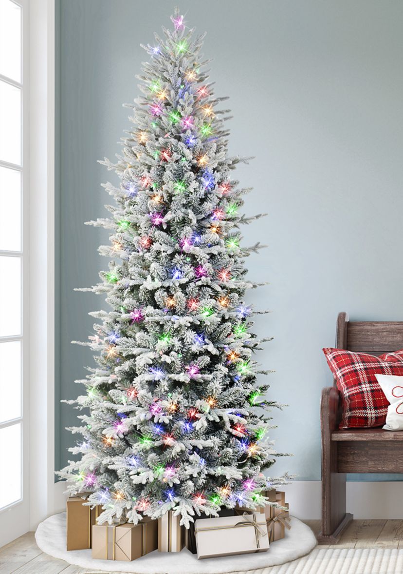 7.5 ft Pre-lit Slim Flocked Northern Fir Artificial Christmas Tree 400 Dual Color LED Lights with Choice of Clear or Multi-Color Metal Stand Green