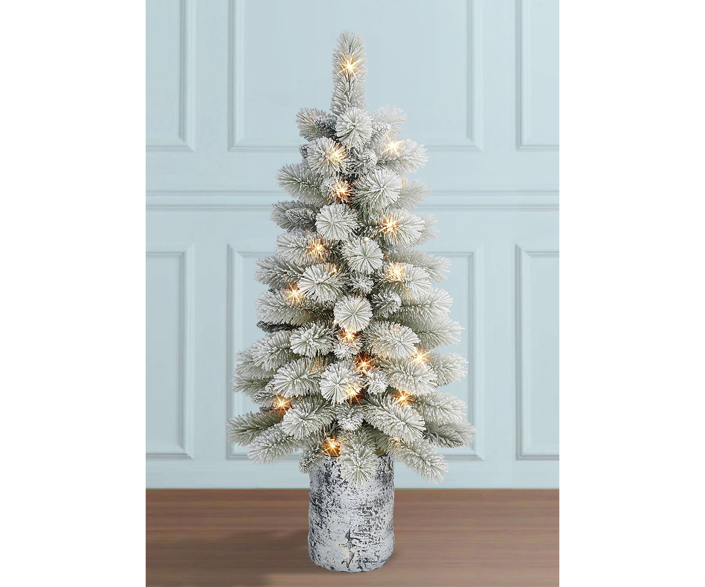 3.5 ft B/O Potted Flocked Norwegian Pine Artificial Christmas Tree 50 B/O Warm White LED Lights 6/18 Hours On/Off Timer Function