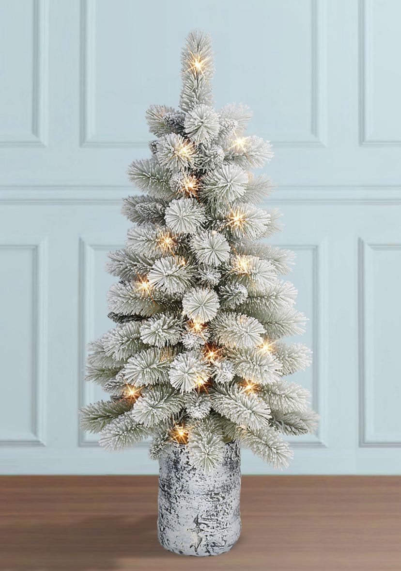 3.5 ft B/O Potted Flocked Norwegian Pine Artificial Christmas Tree 50 B/O Warm White LED Lights 6/18 Hours On/Off Timer Function